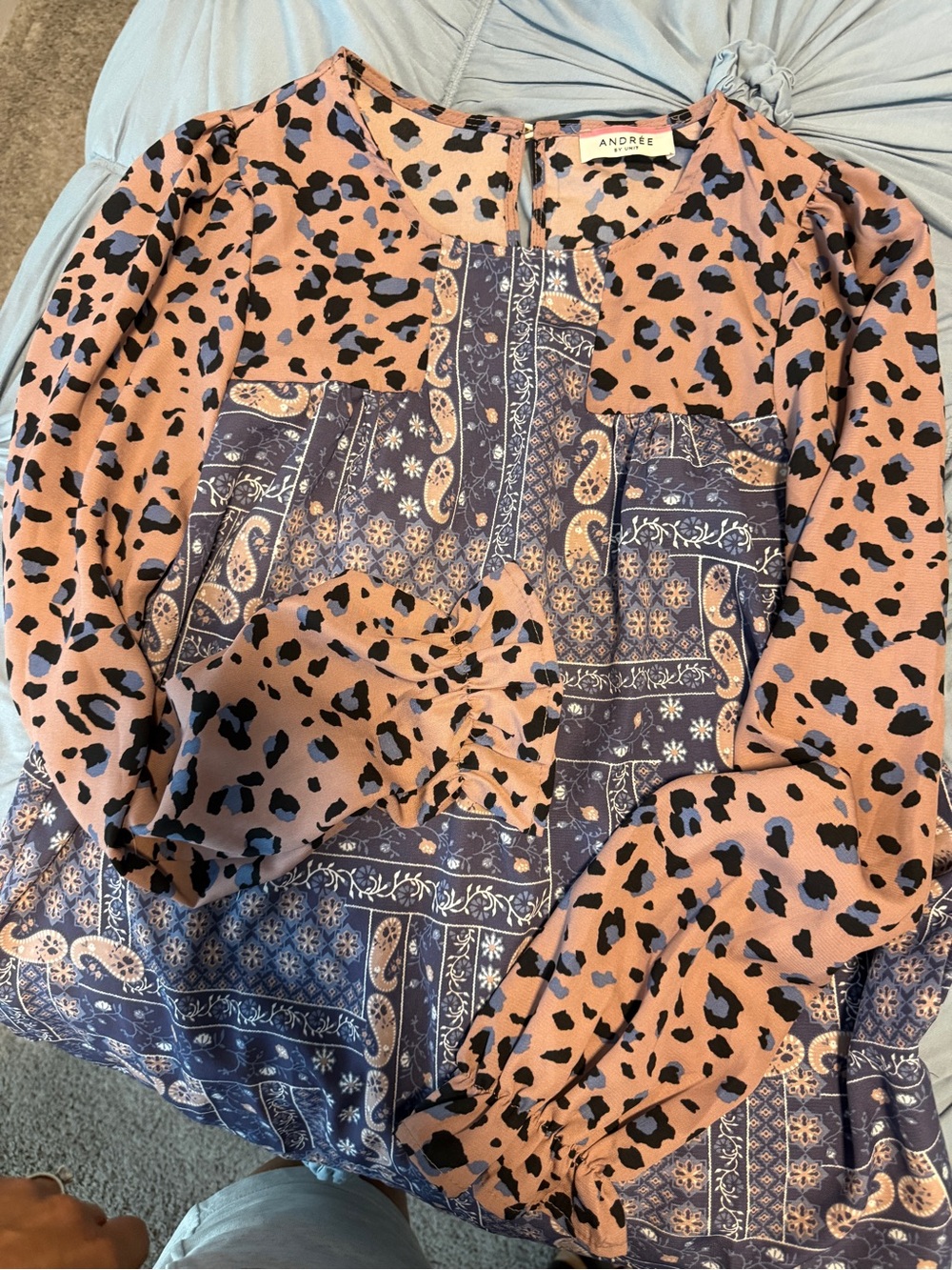 Mixed Print Long Sleeve Women's Top in Pink and Navy - Andre by unit - Picture 4 of 5